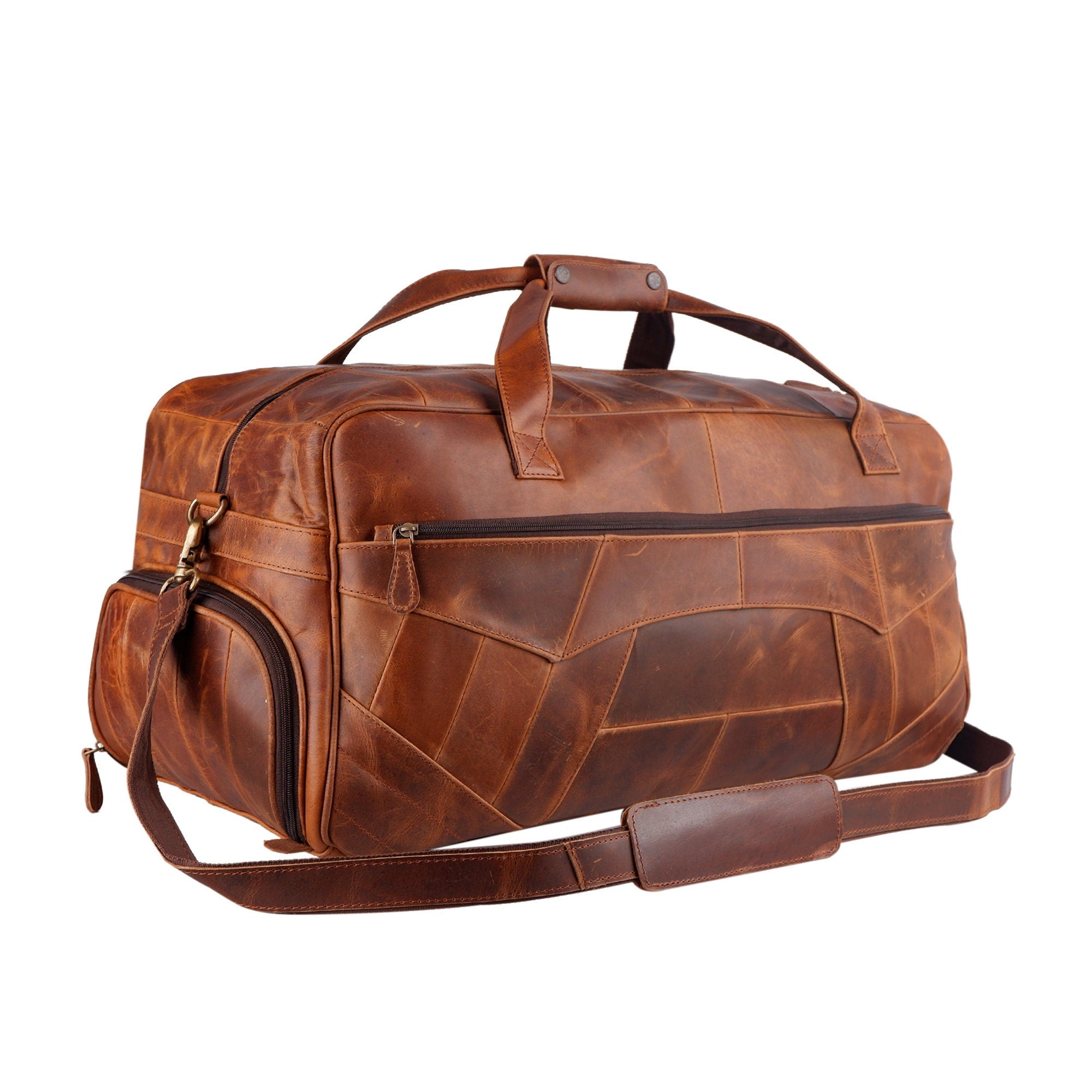 Men's Personalised Buffalo Leather Weekender Duffel Bag – Tan Brown