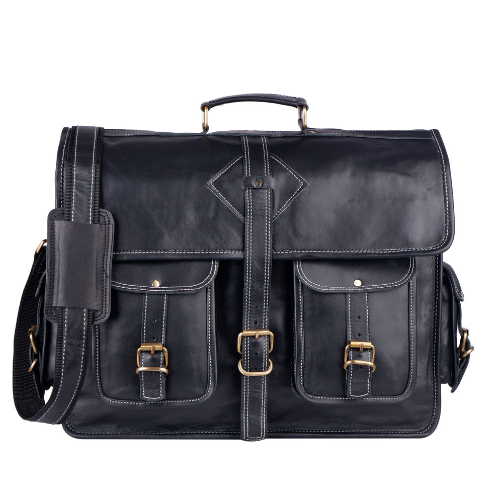 Custom Black Leather Messenger Bag – Full Grain Laptop Crossbody
