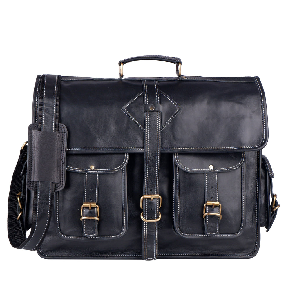 Custom Black Leather Messenger Bag – Full Grain Laptop Crossbody