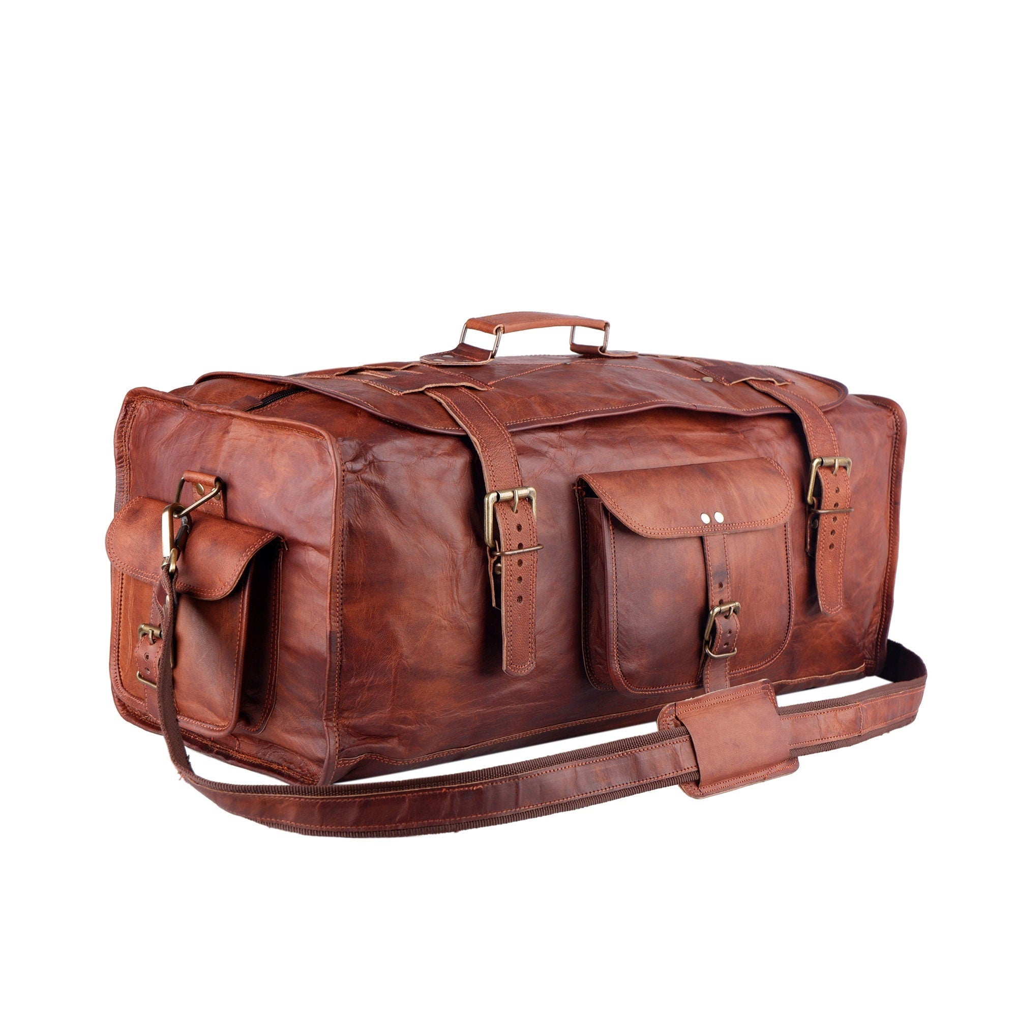 Personalized Full Grain Leather Flap Duffel Bag – Overnight Travel