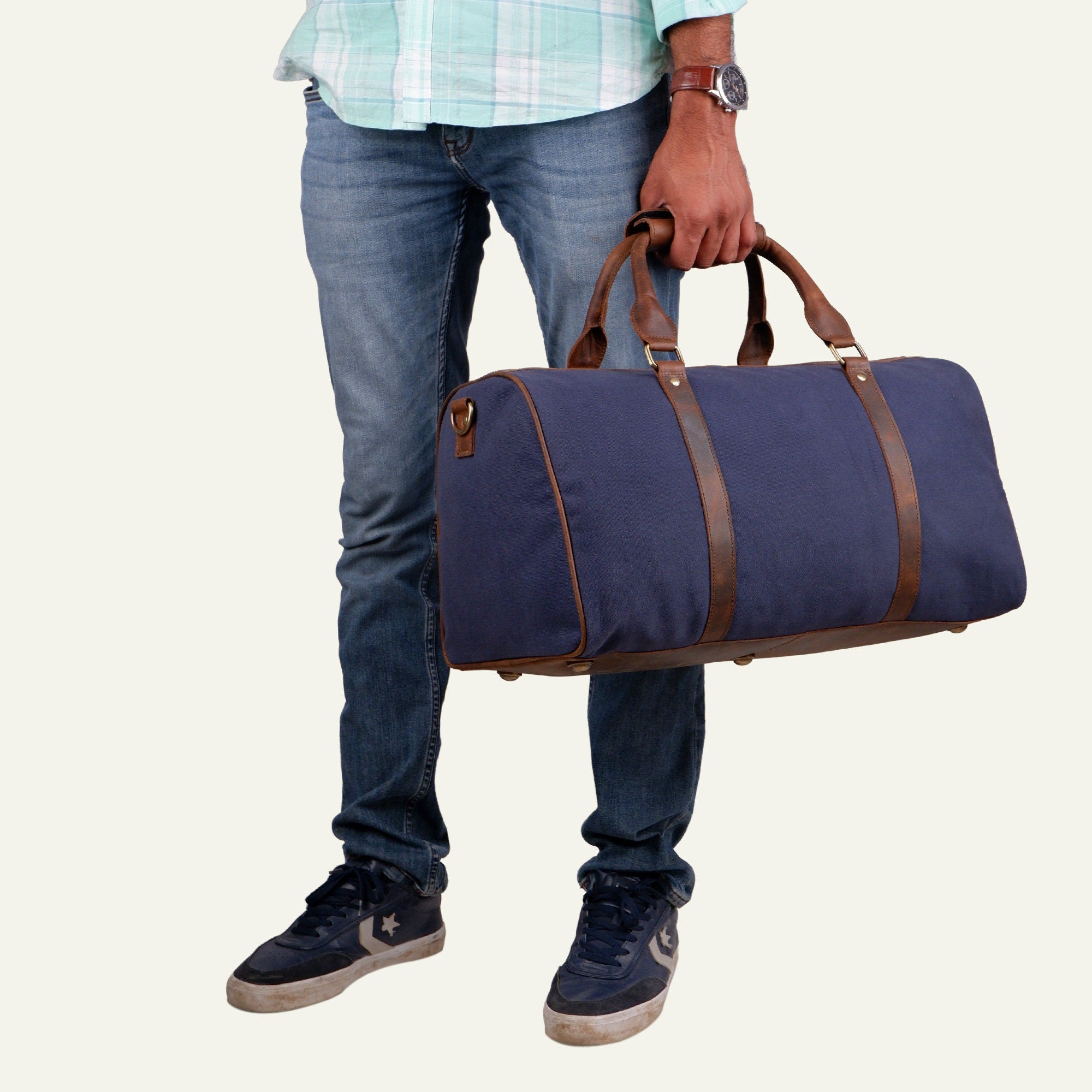 Blue Canvas & Leather Travel Duffel Bag – Valentine's Gift