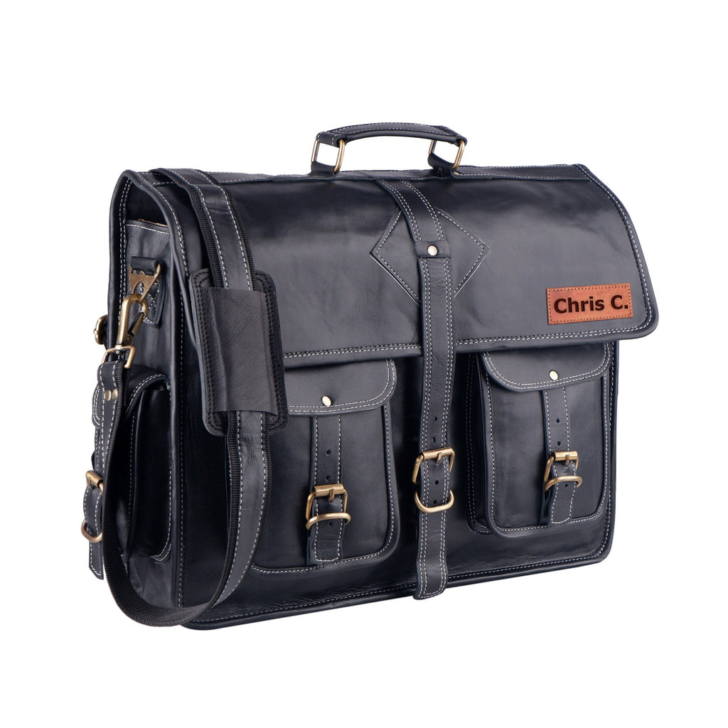 Custom Black Leather Messenger Bag – Full Grain Laptop Crossbody