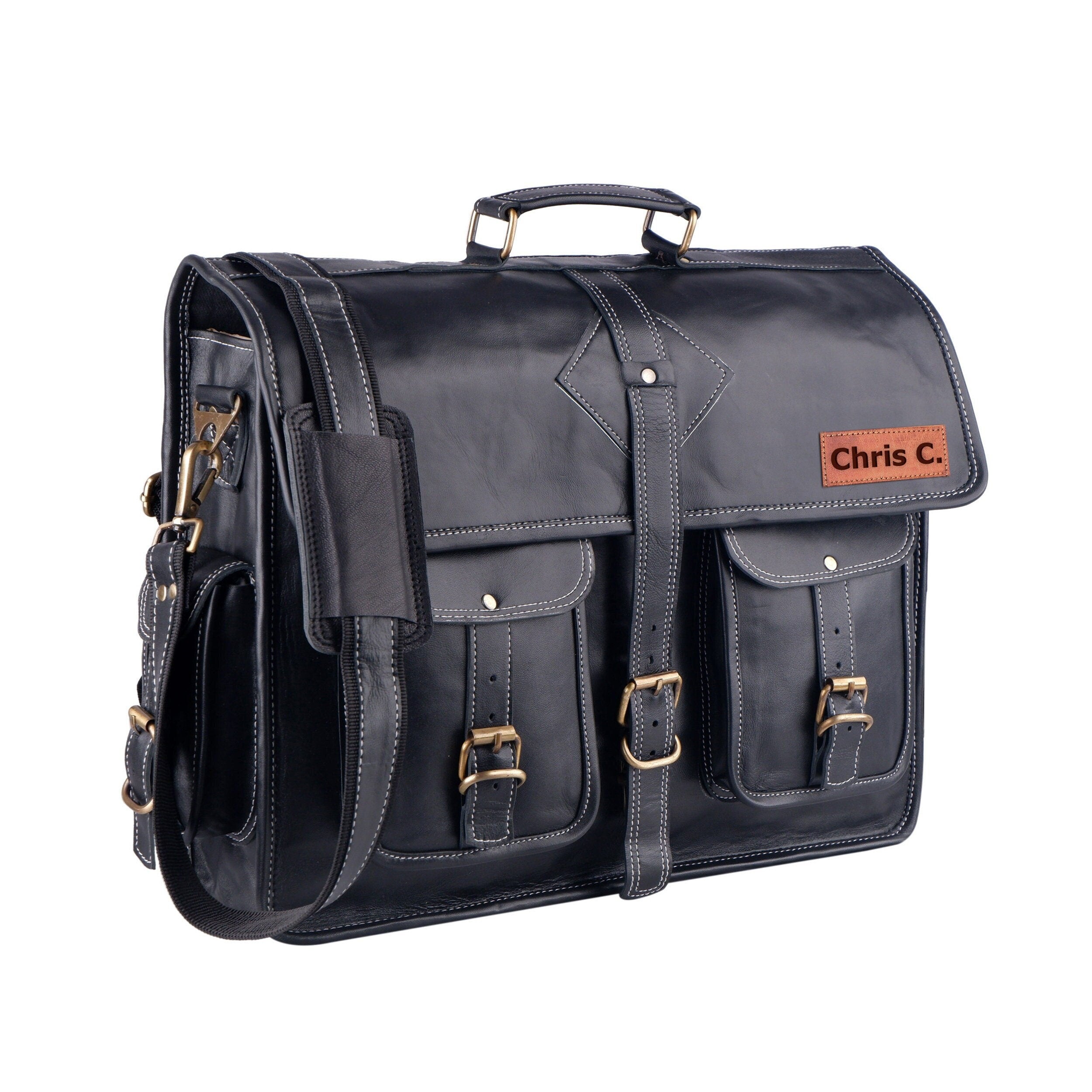 Custom Black Leather Messenger Bag – Full Grain Laptop Crossbody