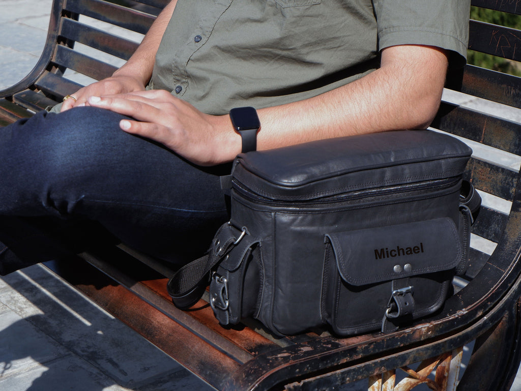 Personalized Black Leather Camera Saddle Bag – DSLR Satchel
