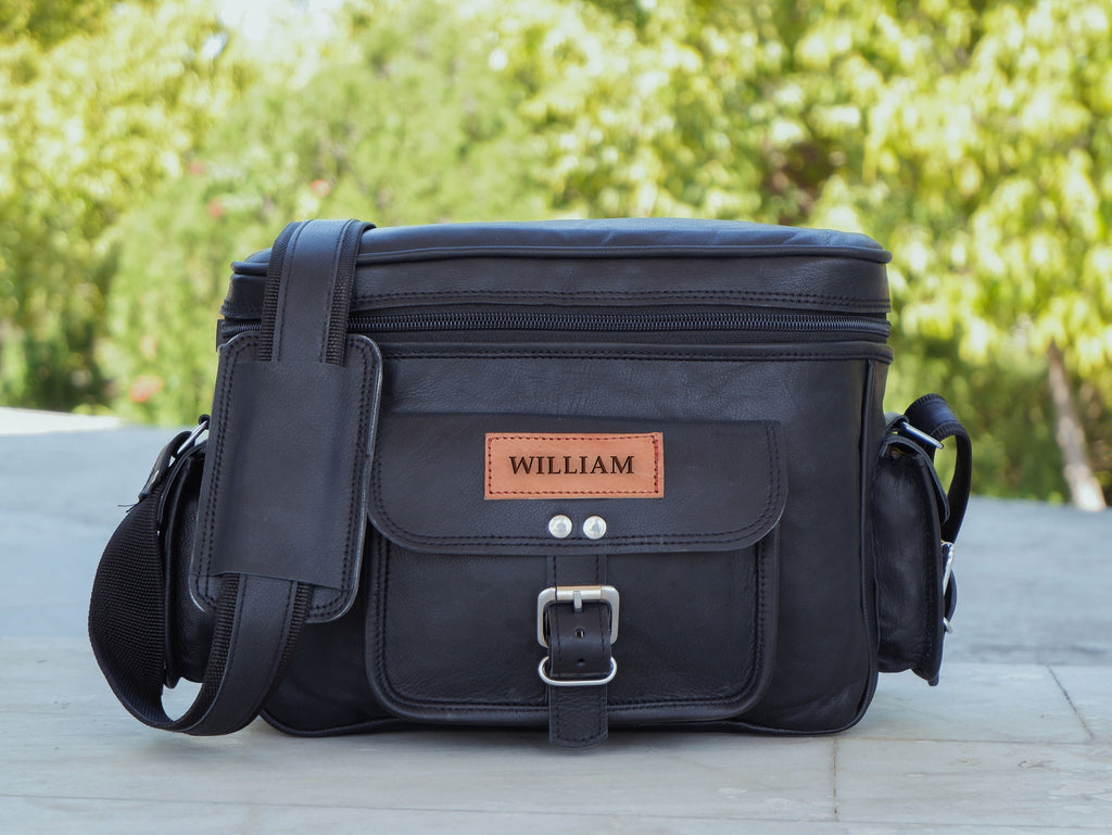 Personalized Black Leather Camera Saddle Bag – DSLR Satchel