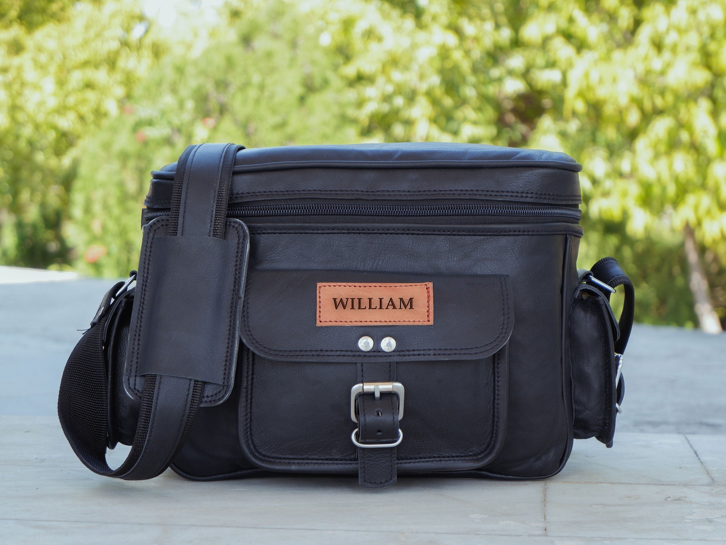 Personalized Black Leather Camera Saddle Bag – DSLR Satchel