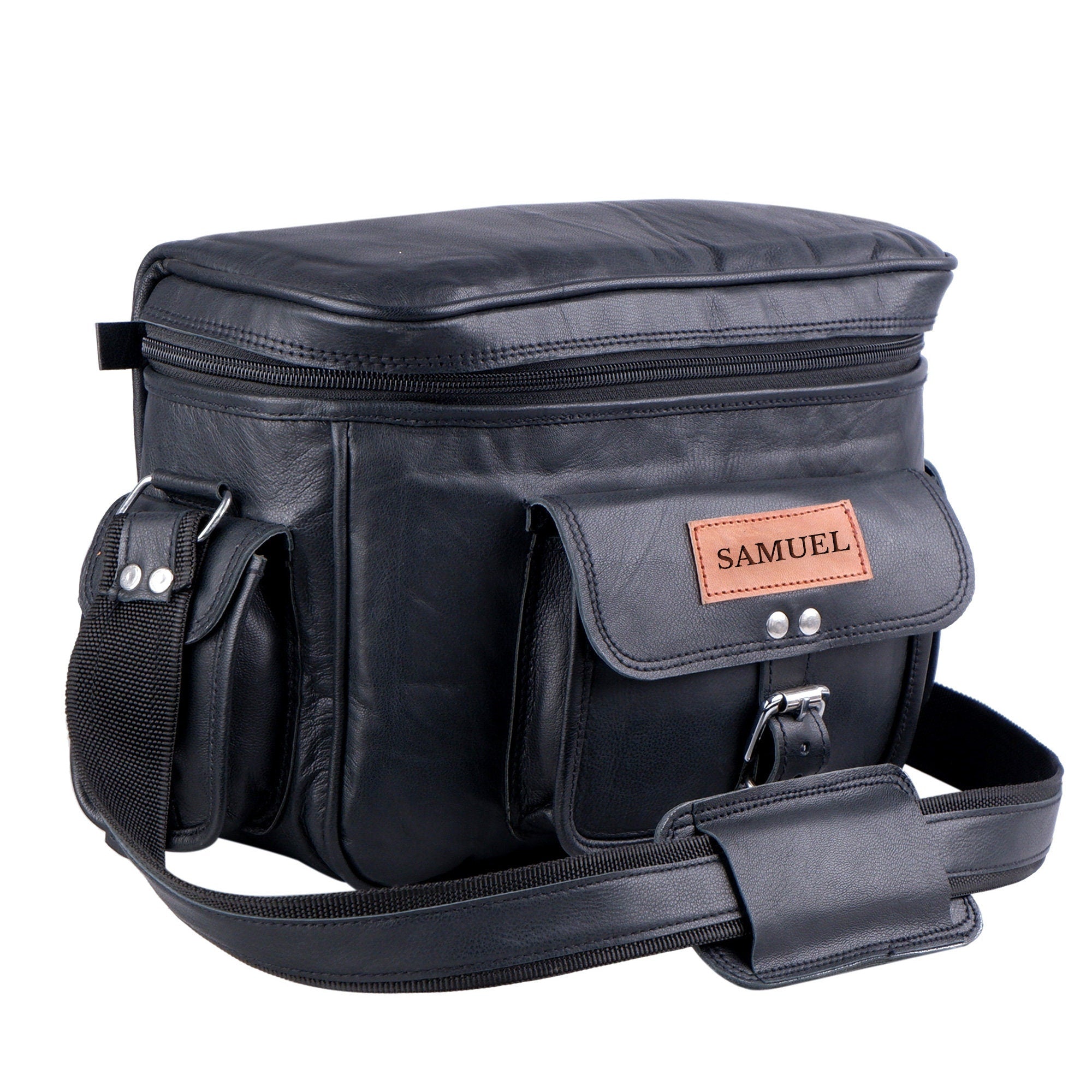 Personalized Black Leather Camera Saddle Bag – DSLR Satchel