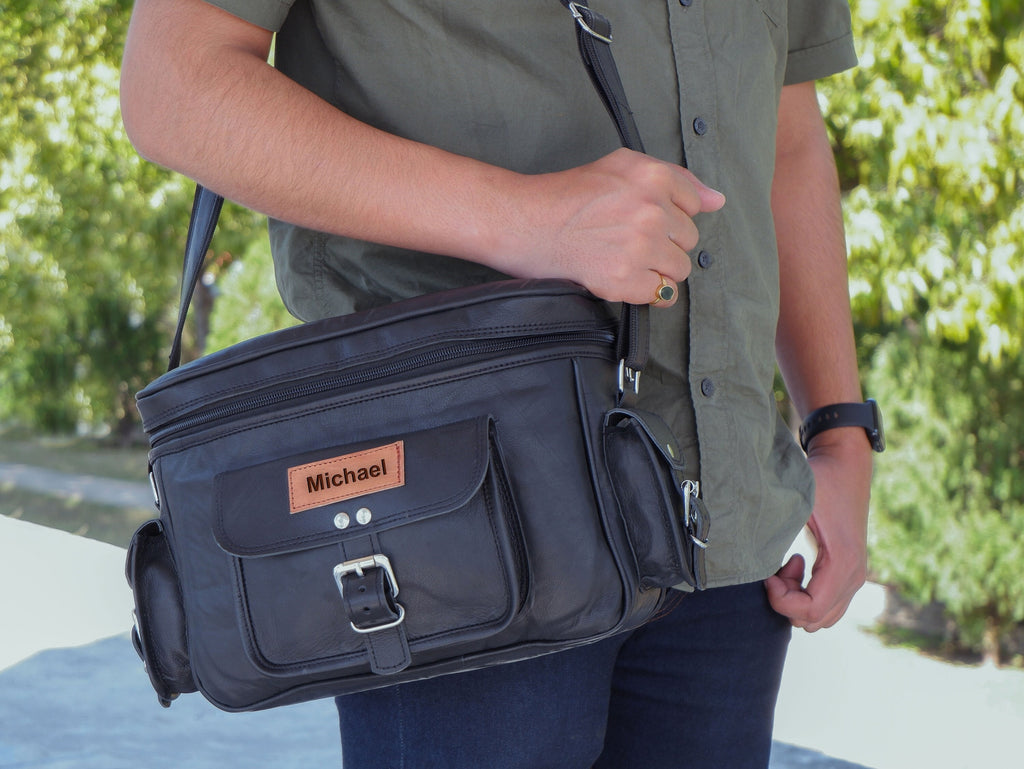Personalized Black Leather Camera Saddle Bag – DSLR Satchel