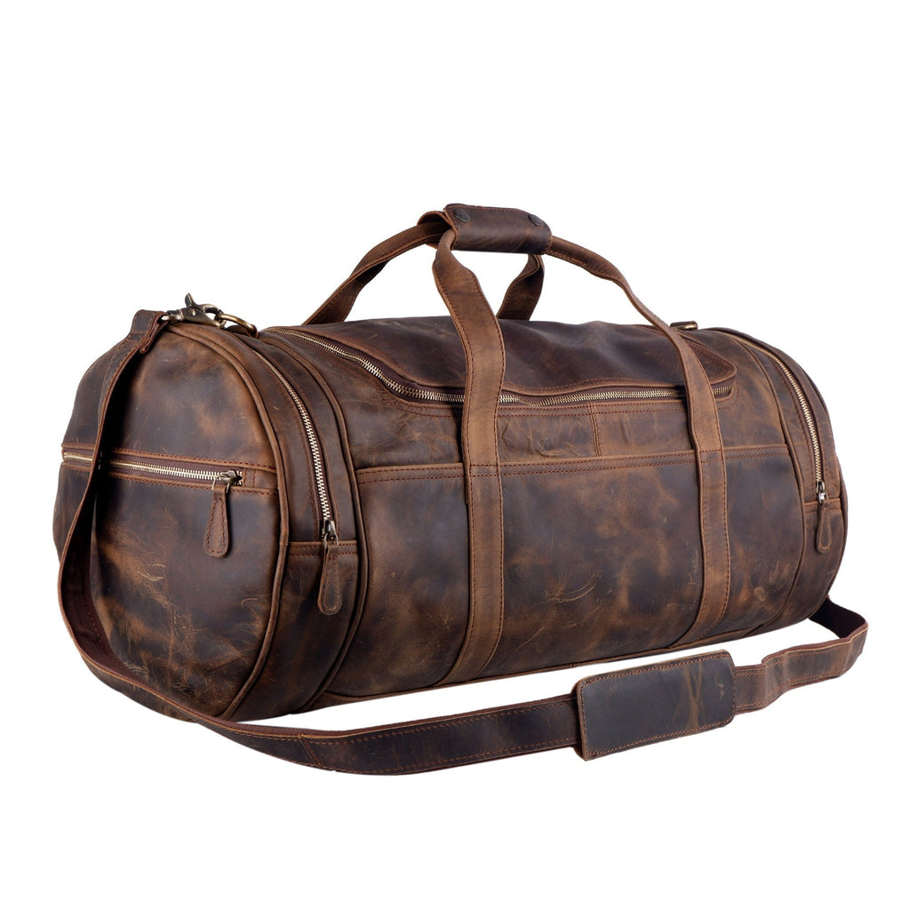 Textured Buffalo Leather Round Duffel Bag – Personalized Weekender