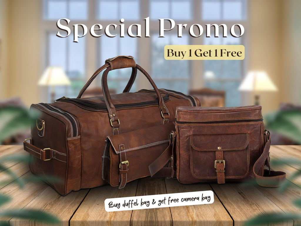 Buy 1 Get 1 Free – Personalized Leather Camera Bag + Duffel Bag