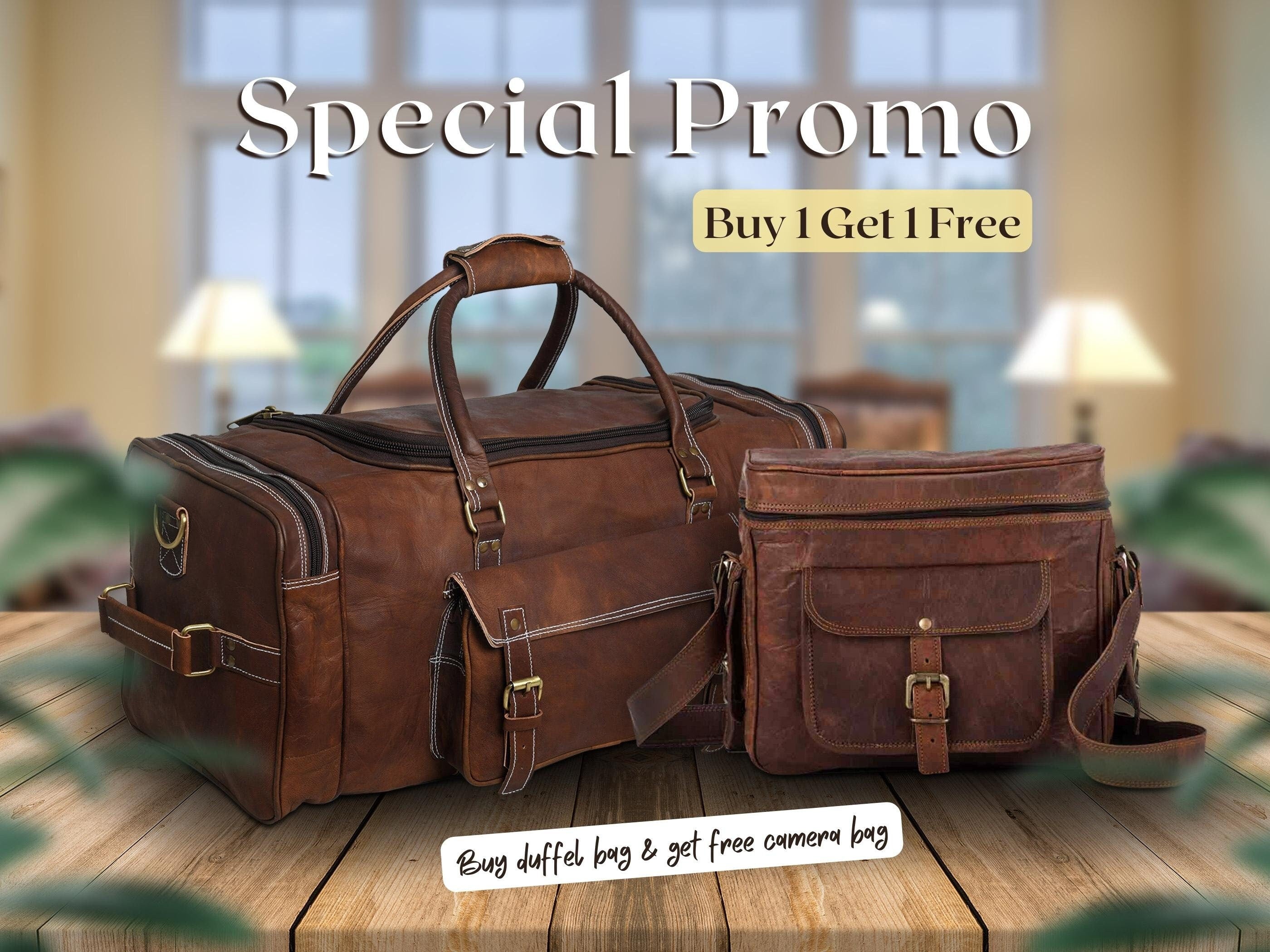 Buy 1 Get 1 Free – Personalized Leather Camera Bag + Duffel Bag