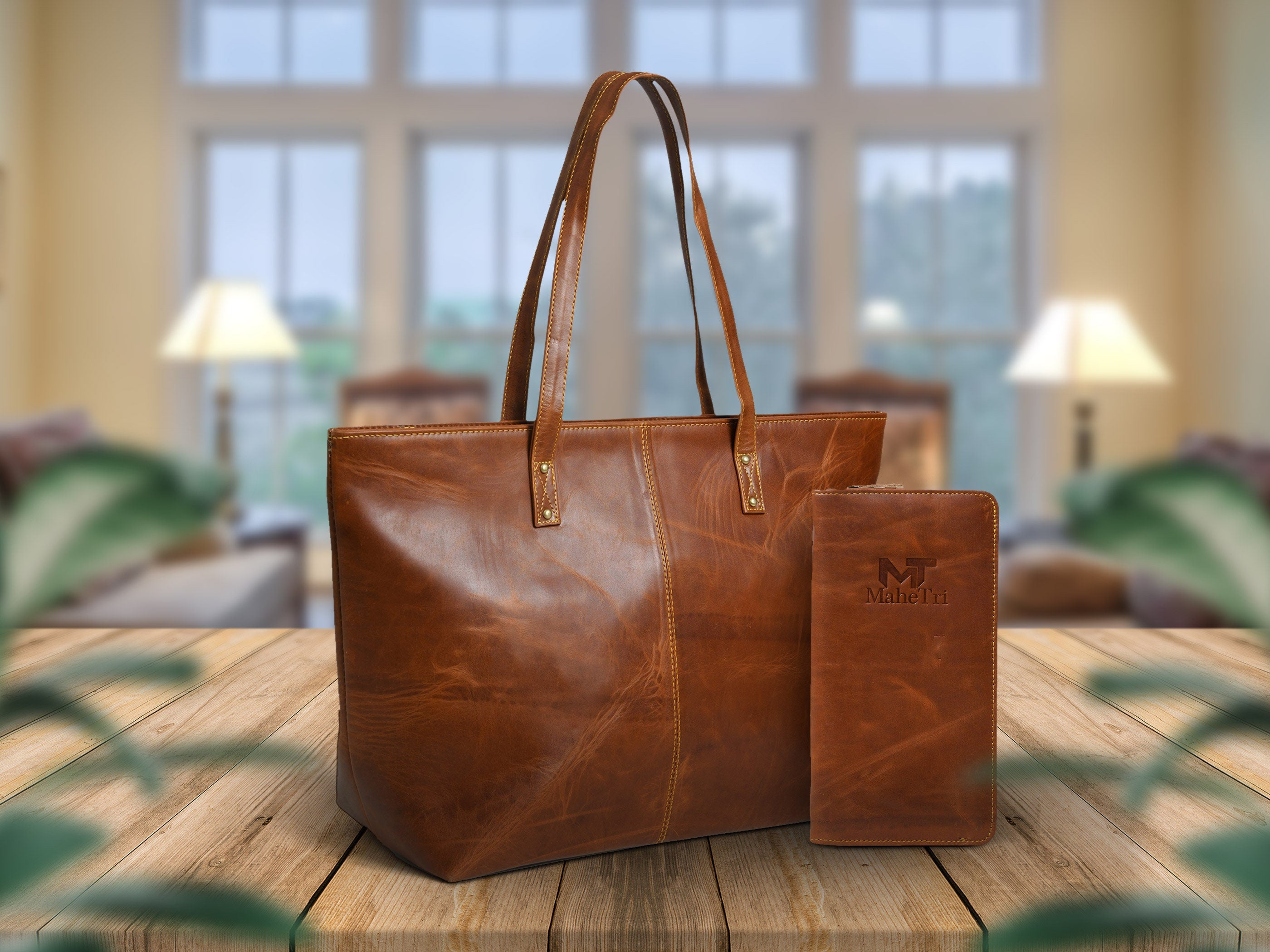 Women's Buffalo Leather Tote Bag + Free Clutch Wallet – Gift for Her