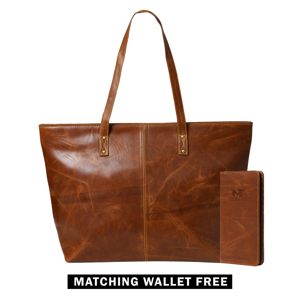 Women's Buffalo Leather Tote Bag + Free Clutch Wallet – Gift for Her