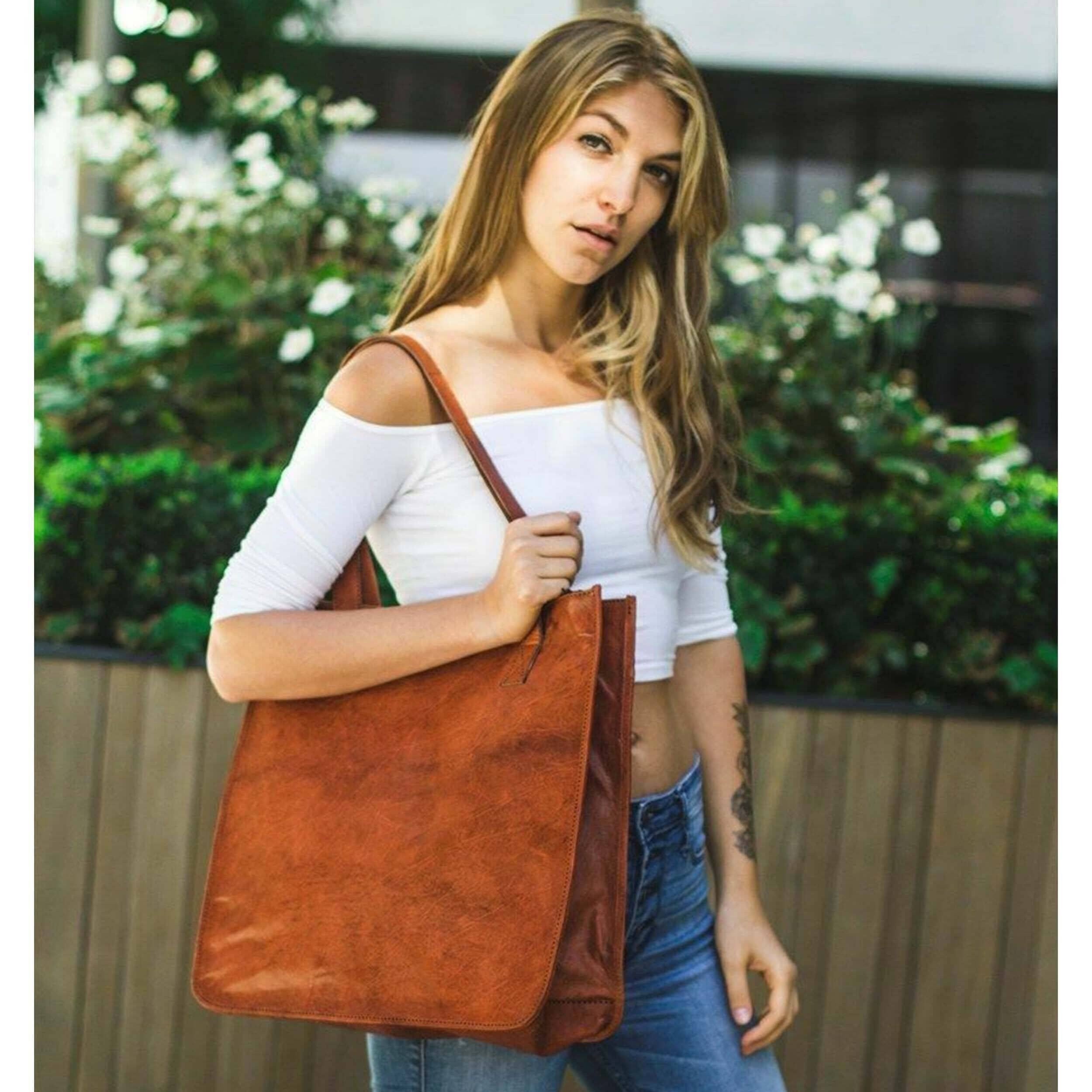 Women's Vintage Brown Leather Tote Bag – Handcrafted Shopper