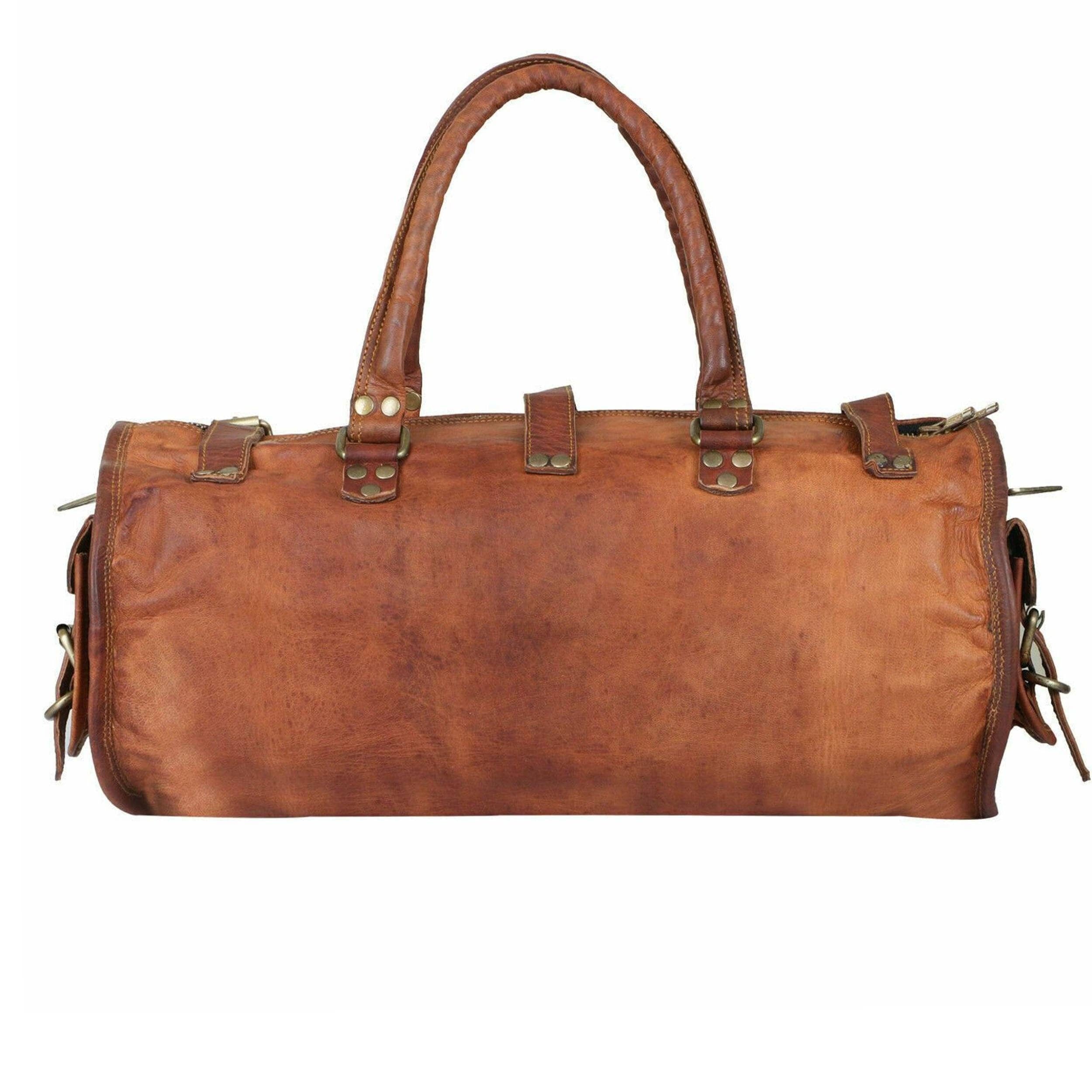 Round Vintage Leather Duffle Bag – Personalized Weekender for Men