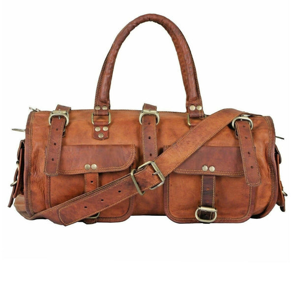 Round Vintage Leather Duffle Bag – Personalized Weekender for Men